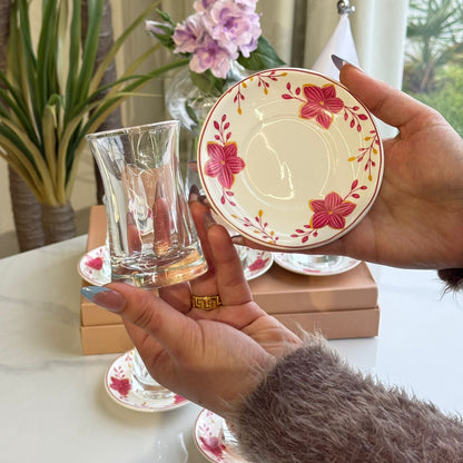 Double-Wall Tea Glass & Floral Saucer Set