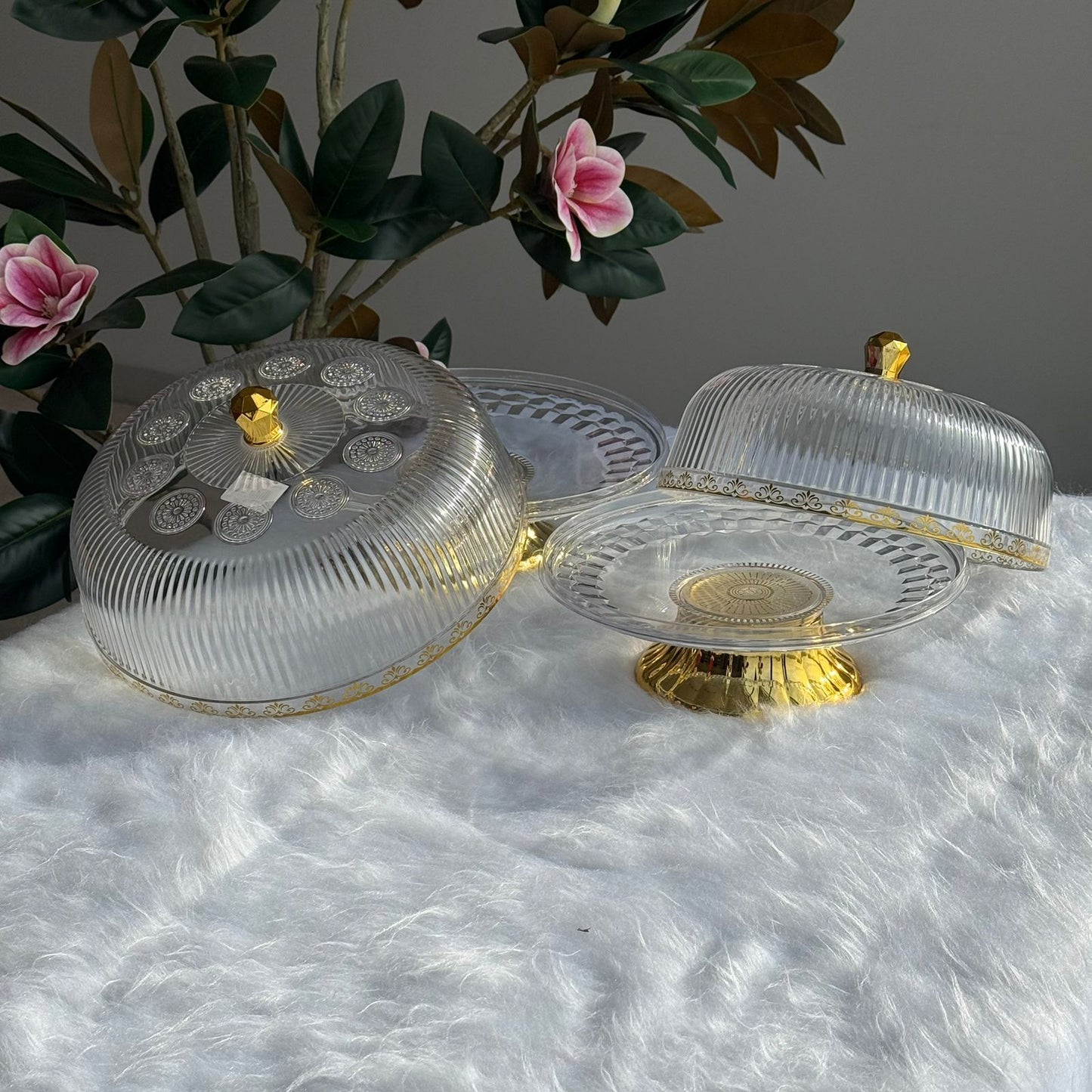 Clear Pedestal Dessert Stand with Gold Accent Lid