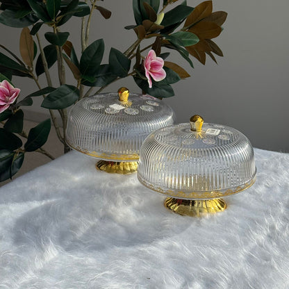 Clear Pedestal Dessert Stand with Gold Accent Lid