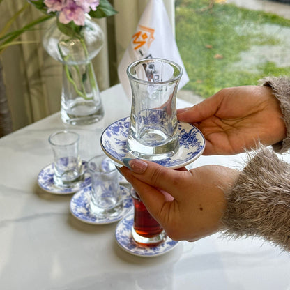 Glass Tea Cups with Blue Floral Saucers