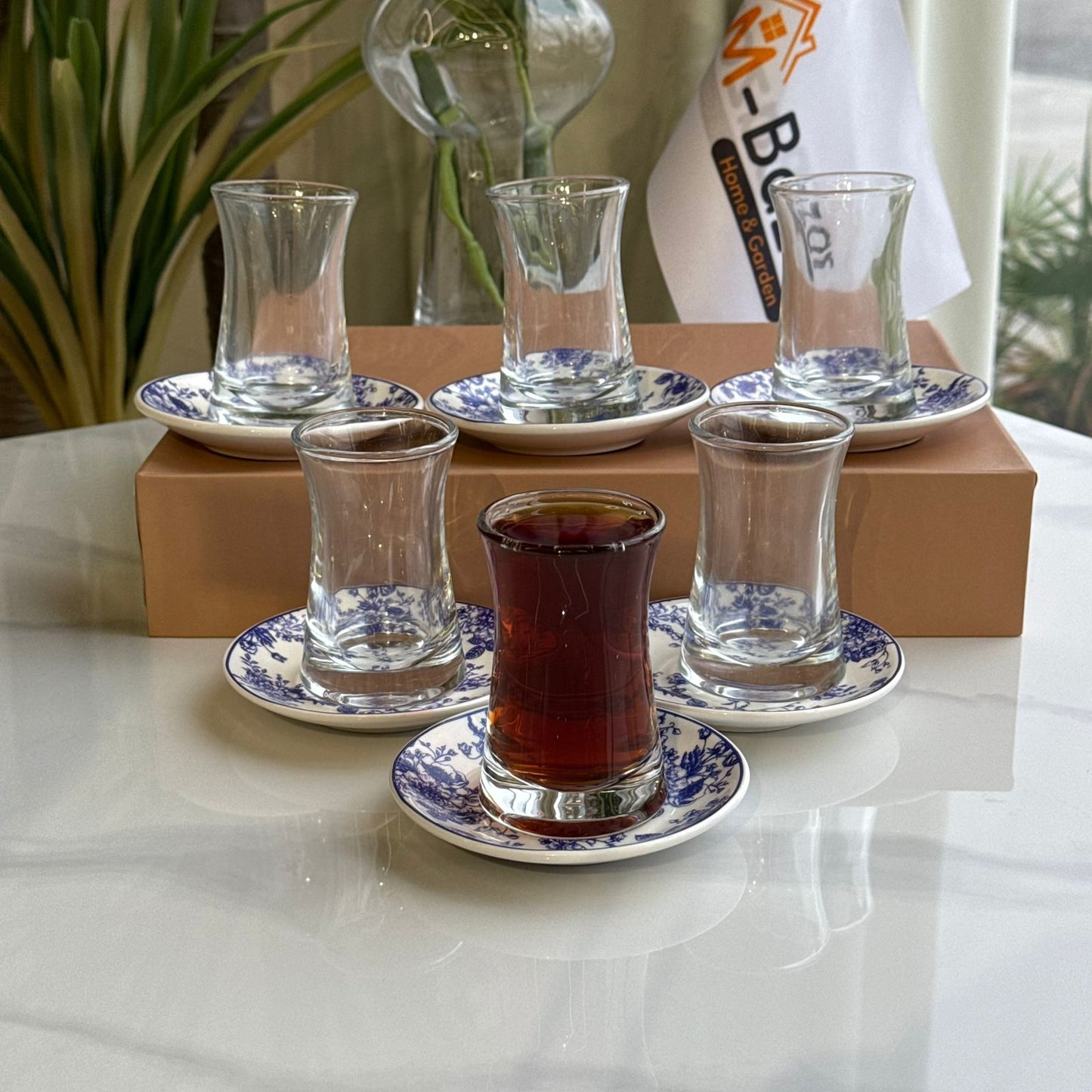 Glass Tea Cups with Blue Floral Saucers