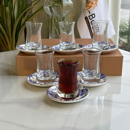 Glass Tea Cups with Blue Floral Saucers