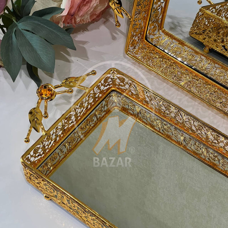 Set of 2 Luxury Decorative Gold Mirror Tray