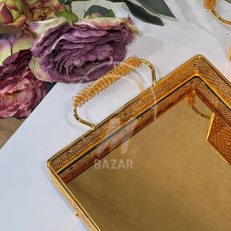 2Pcs Luxury Decorative Gold Bronze Mirror Tray