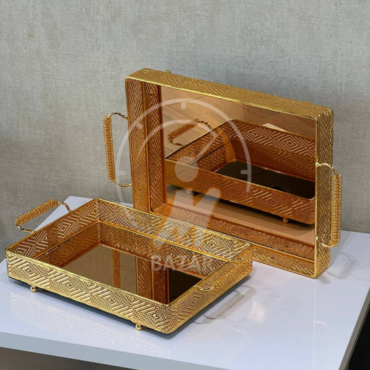 2pcs سینی ئاوێنەیەکی برۆنزی زێڕی دیکۆراتی لوکس