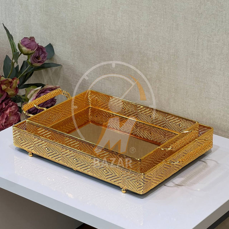 2Pcs Luxury Decorative Gold Bronze Mirror Tray