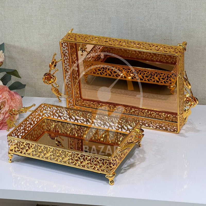 Set of 2 Luxury Decorative Gold Bronze Mirror Tray