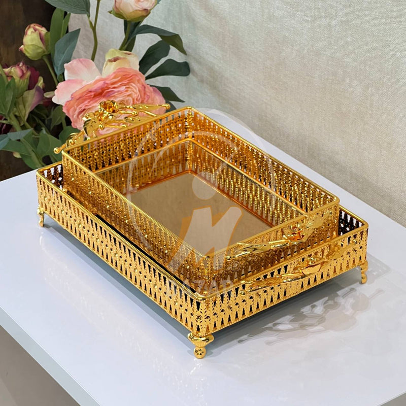 2Pcs Luxury Decorative Gold Bronze Mirror Tray