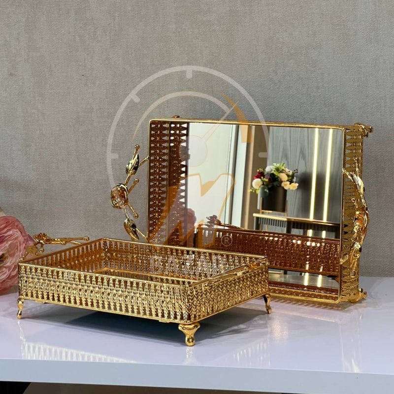 2Pcs Luxury Decorative Gold Bronze Mirror Tray