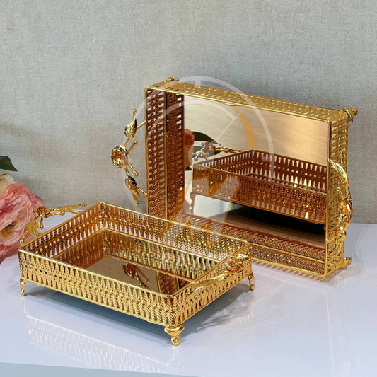 2pcs سینی ئاوێنەیەکی برۆنزی زێڕی دیکۆراتی لوکس