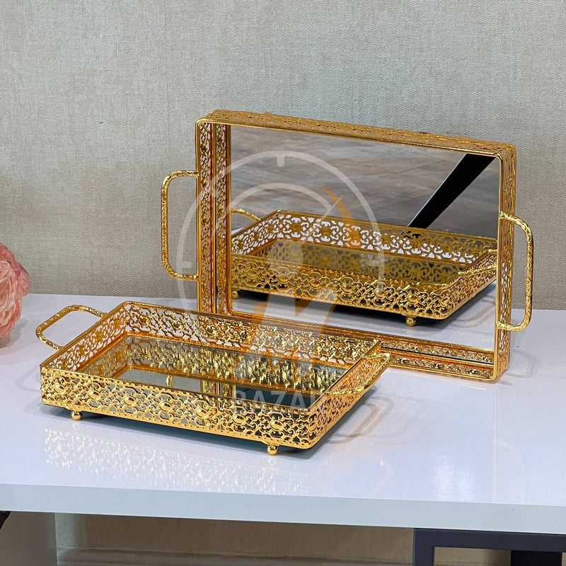 Set of 2 Luxury Decorative Gold Mirror Tray