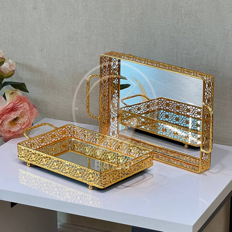 Set of 2 Luxury Decorative Gold Mirror Tray