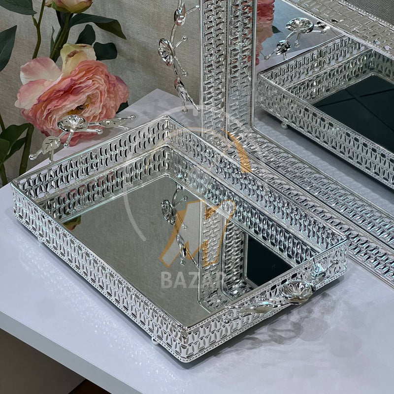 2Pcs Luxury Decorative Silver Mirror Tray