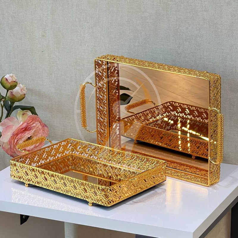 2Pcs Luxury Decorative Gold Bronze Mirror Tray