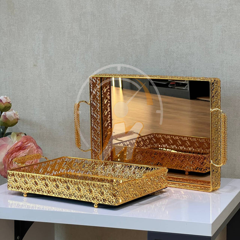 2Pcs Luxury Decorative Gold Bronze Mirror Tray