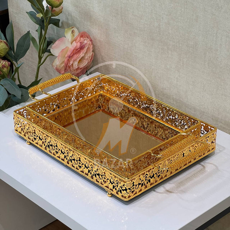 2Pcs Luxury Decorative Gold Bronze Mirror Tray