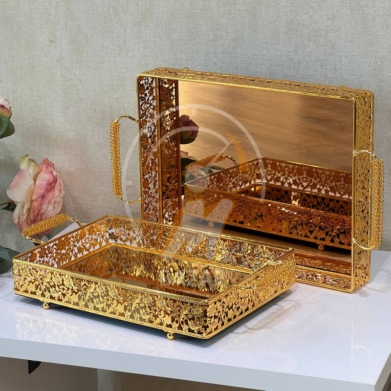 2Pcs Luxury Decorative Gold Bronze Mirror Tray