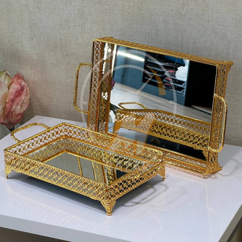 2Pcs Luxury Decorative Gold Mirror Tray