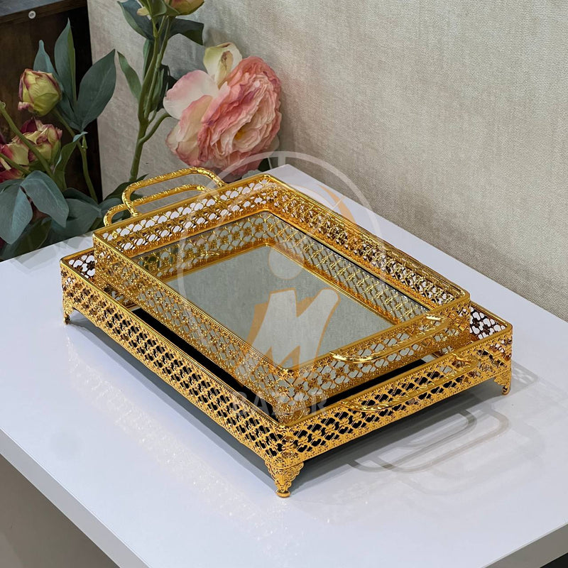 2Pcs Luxury Decorative Gold Mirror Tray