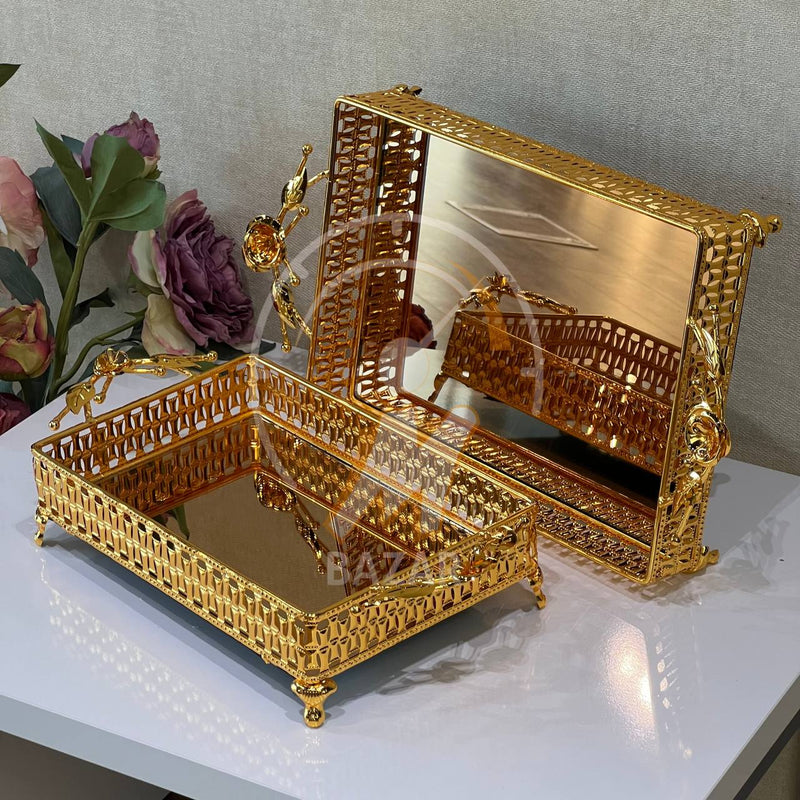 2Pcs Luxury Decorative Gold Bronze Mirror Tray