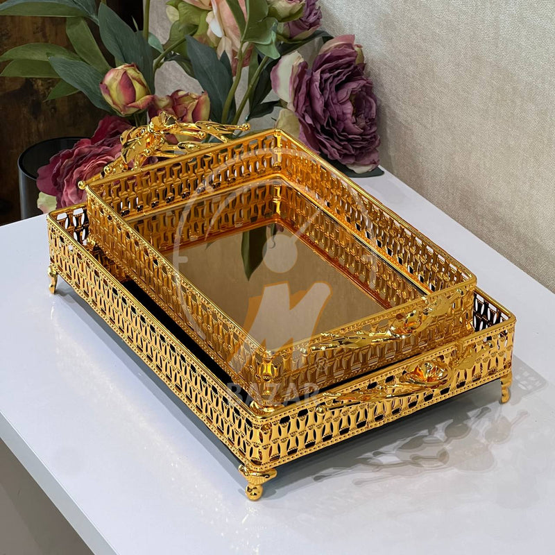 2Pcs Luxury Decorative Gold Bronze Mirror Tray