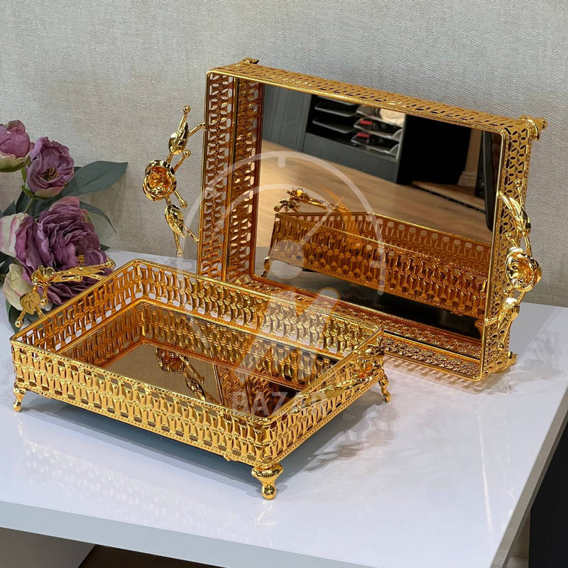 2Pcs Luxury Decorative Gold Bronze Mirror Tray