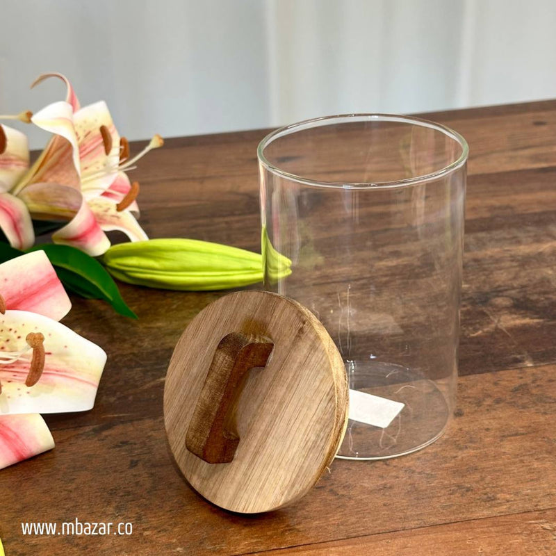 Glass Wooden Lid Storage Jar