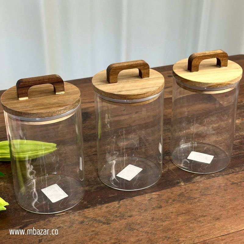 Glass Wooden Lid Storage Jar