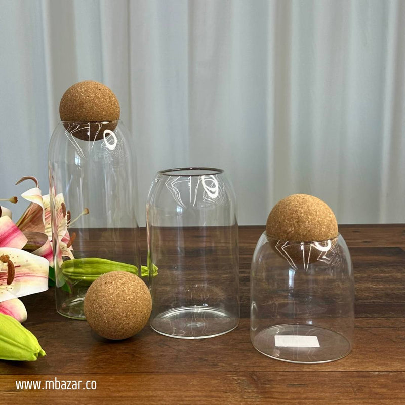 3 Pack Glass Wood Round Cork Jar