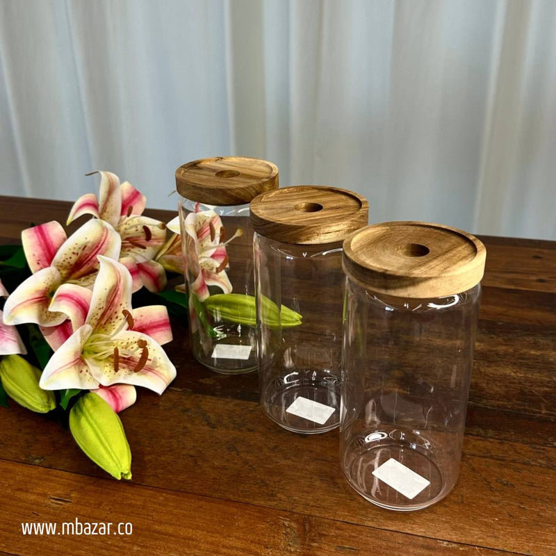 Glass Wooden Lid Storage Jar