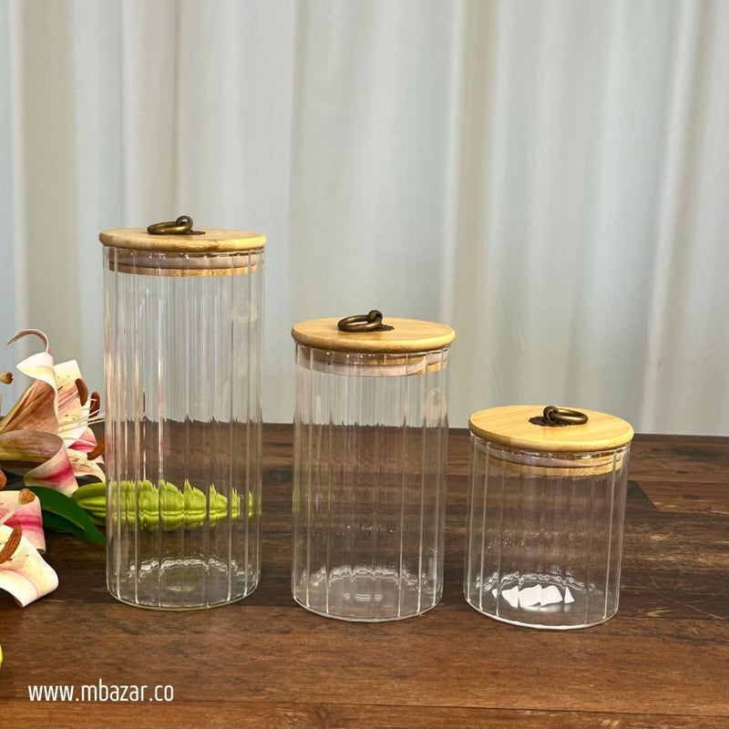 3 Pack Glass Wooden Lid Storage Jars