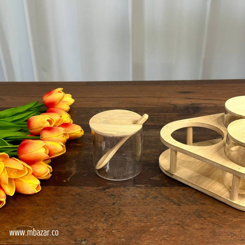 Glass Bamboo Lid Triple Condiment Jar