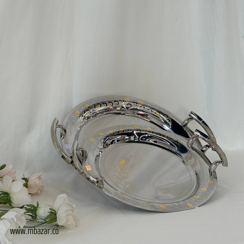 2Pcs Round Stainless Steel Decorative Tray Set